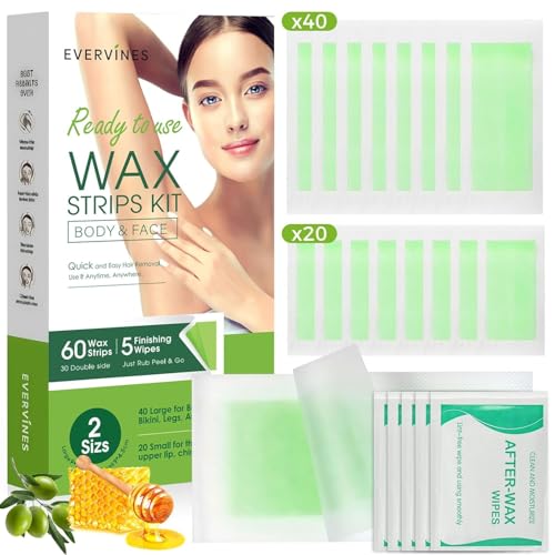 Body Wax Strips for Hair Removal: 60 Strips (40 Large, 20 Small) & 5 Oil Wipes ? Gentle & Fast for Body & Face ? Ideal for women& Men Home & Travel (1 pack)