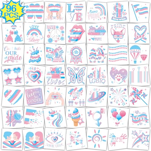 96Pcs Transgender Flag Temporary Tattoos Trans Pride Themed Tattoo Stickers with Blue Pink White Pattern for Pride Party Favors LGBTQ Pride Day Equality Parades and Celebrations