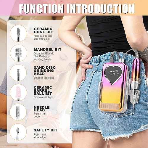 Professional Electric Nail Drill Machine for Acrylic Nails, 35000 RPM Electric Nail File Tool Set, Portable E-File Rechargeable Manicure Pedicure Polish Kit for Home Salon Tech (Heart Sunset Gold)