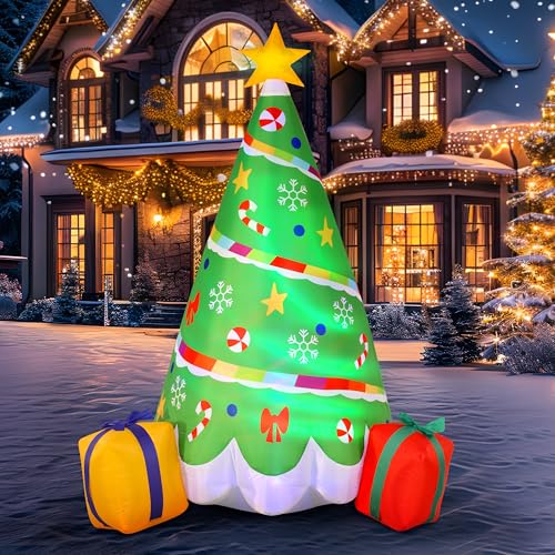 Joiedomi 6 FT Tall Christmas Tree Inflatable, Rainbow Ribbon Christmas Tree Inflatable with Build-in LEDs Blow Up Inflatables for Christmas Party Outdoor, Yard, Garden, Lawn Winter Decorations