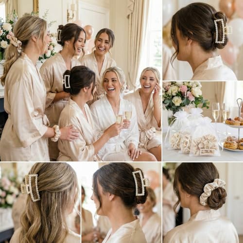 White Pearl Hair Claw Clips & Scrunchie Set for Bridesmaids, Gifts - 24 Pieces