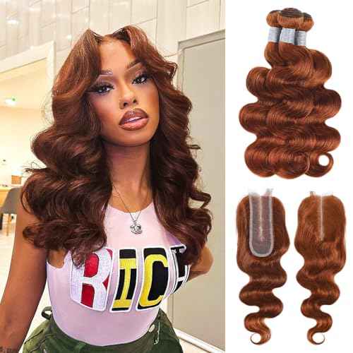ALHER 33 Reddish Brown 3 Bundles with 2x6 Lace Closure Body Wave, 12A 100% Unprocessed Brazilian Virgin Remy Human Hair, Copper Brown Wavy Bundles with 2x6 Long Deep Part Lace Closure 12 14 16+12 Inch