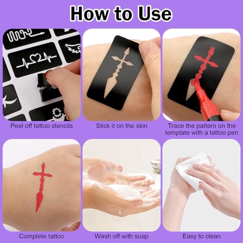 Ponhey Temporary Tattoo Markers Kit with 67 Stencils, Skin-Safe
