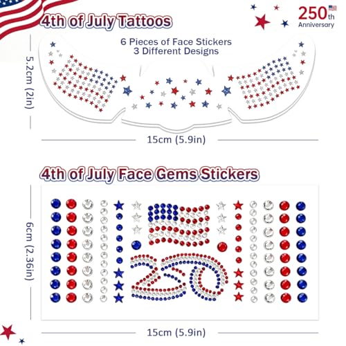 4th of July Temporary Tattoos & Face Gems Set - 6 Pcs Glitter Stickers