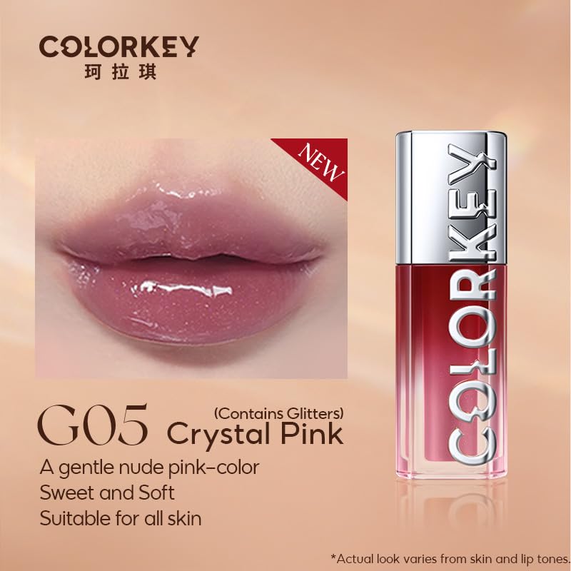 COLORKEY 3D Plump Oil Lip Gloss, High-shine Finish, Lip Tint, Moisturizing, Non-Sticky, Clear and Natural, Glassy Shine (G05 Crystal candy(Contains Glitters), 3ml)