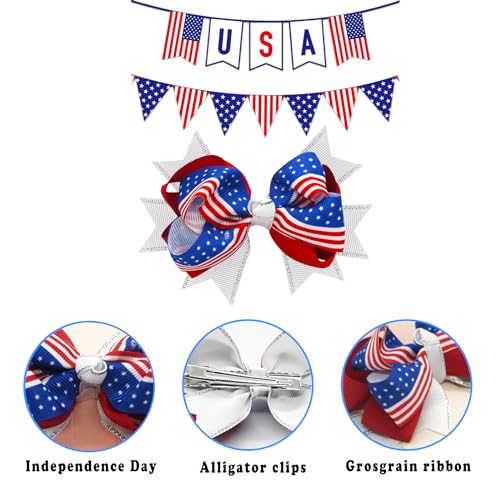 JUCCPUL 2Pcs 4th of July Hair Bows for Girls American Flag Barrette Hair Bow Patriotic Stars and Stripes Hairgrips Baby Girls Women Hair Accessories 3inch