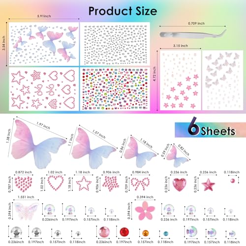 Self-Adhesive Face Gems Rhinestones Stickers - 6 Sheets
