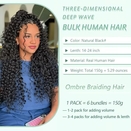 Goday 150g 6 Bundles Boho Braiding Hair 18 Inch Wet & Wavy Curly Human Hair for Braiding