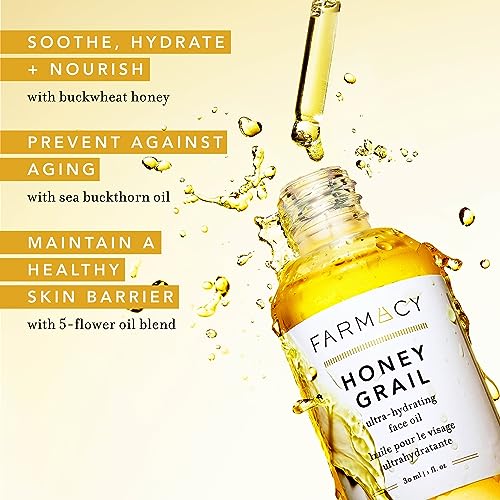 Farmacy Honey Grail Hydrating Face Oil - Nourishing Oil for Skin & Hair - Infused with Sea Buckthorn, Rosehip & Buckwheat Honey to Moisturize & Maintain a Healthy Skin Barrier (30ml)