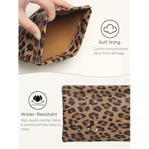 2 Leopard Leather Small Makeup Pouches Set for Women,Cosmetic Accessories,Waterproof and Portable Cosmetic Bags,Self-closing,No Zipper, Aesthetic Storage Pouch,Lipstick for Purse, Brown