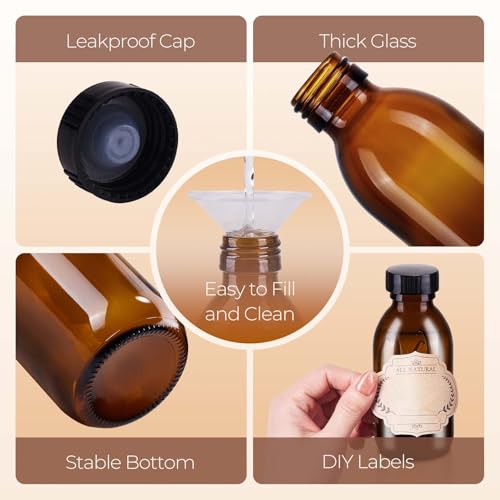 6 Pack 4 oz Amber Glass Bottles with Lids for Extracts & Oils