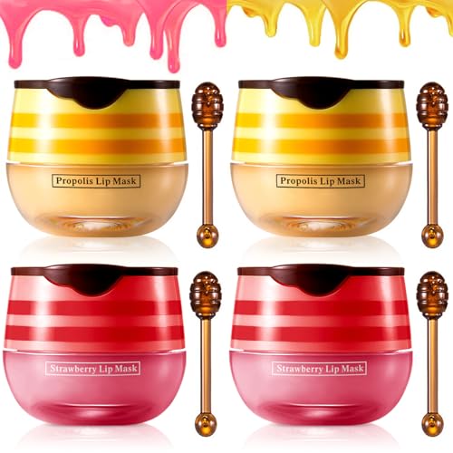 Lip Balm, Vitamin E Moisturizing Propolis Sleeping Mask, Effective Reduces Lines, Prevention of Dry and Cracked Lips Nourishing Dry Lip Care (2 Packs Strawberry & 2 Packs Honey, 1.9Oz)