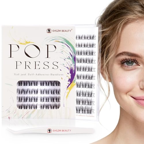 POP PRESS 10-16mm Self-Adhesive Lash Clusters Kit, Wispy Airy Volume, Thin Invisible Band, 1-Minute Pre-Glued Press-On, Includes Tweezers, All-Day No-Fall, Naked Makeup Look