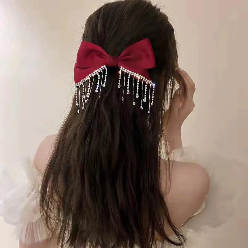 Bow Hair Clips for Women Girls Large Hair Bow Clips Elegant Rhinestones Bow for Hair Accessories Bows Satin Ribbon Hair Bows Barrette Clip Bowknot Hair Bow Decorating Party Performance Prom Hair Bow