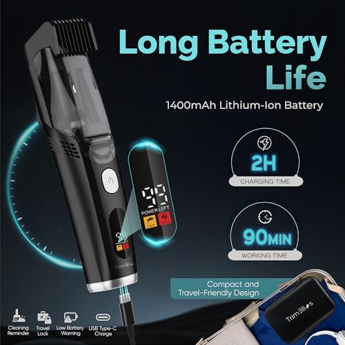 Vacuum Beard Trimmer for Men ? Rechargeable Trimmer with Vacuum, Titanium Blade, Adjustable Comb, Waterproof Cordless Hair Clippers & Beard Kit for Less Mess Grooming