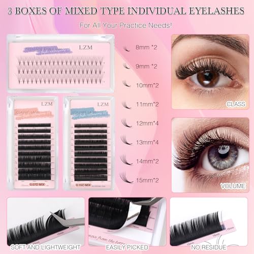 LZM Eyelash Extension Kit for Beginners, Lash Extension Supplies Tech Starter Kit with Everything Tools Stuff Set 1-2S Srtong Hold Glue,Lash Mannequin Head, Remover, Precision Tweezers for Practice