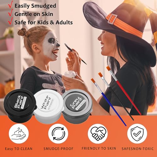White Black Grey Face Paint Kit with Brushes for Halloween & Cosplay
