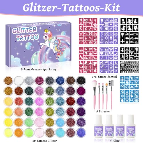 Temporary Glitter Tattoos Kit for Kids,48 Glitter Colors, 178 Stencils,4 Glue,5 Brushes,Adults and Kids Arts Glitter Kit,Wonderful Holiday Gifts for Girls & Boys.