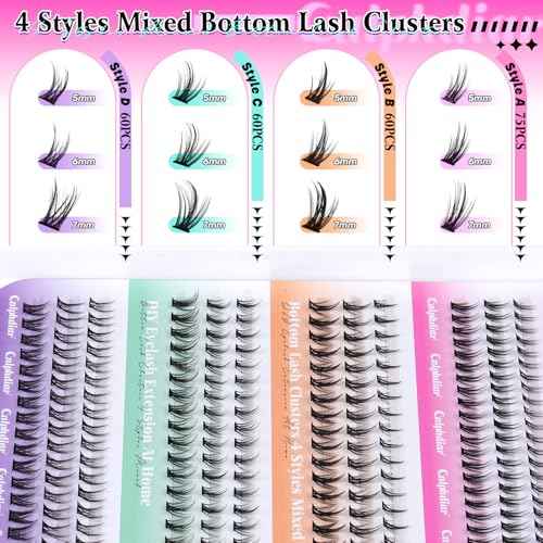 Bottom Lash Clusters DIY Eyelash Extensions 4 Styles Lower Lashes Wispy Bottom Individual Lashes 5-7mm Natural Thin Band Eyelash Clusters 225pcs for Bottom Lash Extension by calphdiar