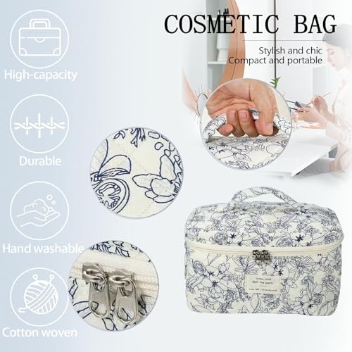 Makeup Bag Set, Large Travel Cosmetic Bags for Women, 3pcs Cute Floral Makeup Bags, Cotton Quilted Toiletry Organizer Bag, Women's Emergency Bag (Flower-Deep Blue)