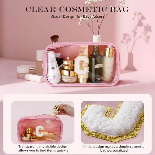 Initial Clear Makeup Bag for Women - Travel Toiletry Bag, Portable Waterproof Cosmetic Bag Travel Essentials Birthday Gifts for Women (Pink Letter R)