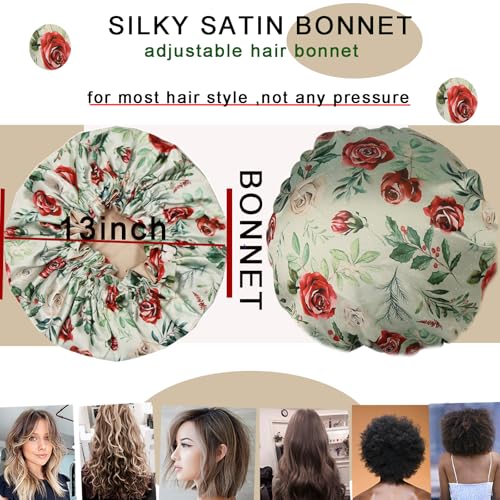 Satin bonnet for women 2PCS silk hair bonnet cap reversible for sleeping Adjustable Night sleep cap for curly natural hair double-layer and Washable (White Green flower)