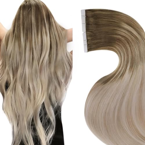 LaaVoo Tape in Hair Extensions Human Hair Ombre Light Brown to Ash Blonde Mix Platinum Blonde Balayage Hair Extensions Tape in Real Human Hair 16 inch Tape in Extensions Straight Thick Ends 20pcs/50g