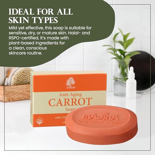Madina Carrot Soap Bar ? Carrot Seed Oil & Shea Butter, Moisturizing, Anti-Aging, Skin Tone & Elasticity, Vegetable-Based, Halal, Gentle Cleanser, 6 Pack (3.5 oz Each)