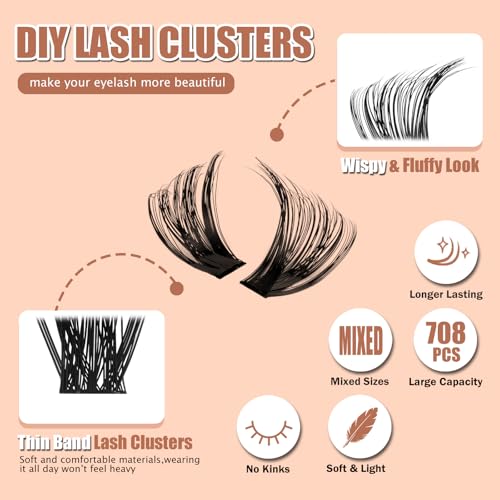 MUSELASH DIY Lash Clusters Kit 708 PCS ? Mixed 30D?100D C Curl Volume Lashes 8?16mm, Wide Band Individual Lash Extensions with Bond & Seal, Tweezers & Brush, At-Home Salon Lash Extension Set