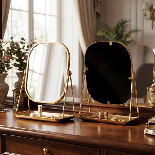 Nuanchu Gold Makeup Mirror with Jewelry Tray - 360° Rotating Vanity