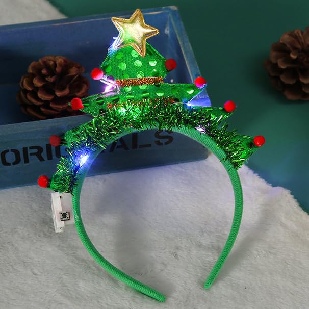 CLOACE LED Christmas Headbands Green Luminous Glitter Hair Hoop Xmas Trees Hairband Cosplay Festival Holiday Party Hair Accessories for Women and Girls (Style-A)