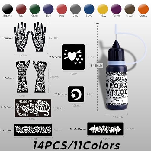 14-Color Temporary Tattoo Ink Kit with 95 Stencils