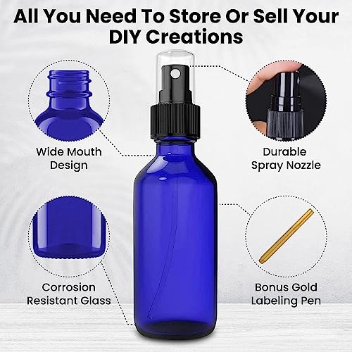 CULINAIRE 4oz Glass Spray Bottles with Gold Pen Marker, Small Spray Bottle for Hair Spray, Essential Oil, Colognes, and Hand Sanitizers, Blue, Pack of 12