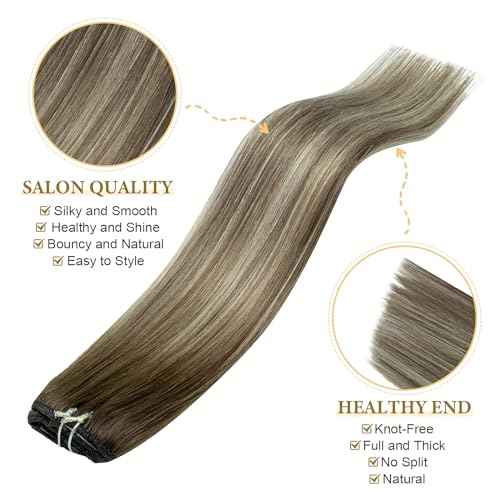 Balayage Human Hair Clip in Extensions Ombre Walnut Brown to Ash Brown Mix Light Blonde 18 Inch Straight Natural Remy Clip on Hair Extensions Invisible Double Weft Clip ins Hair for Women 60G 5 PCS