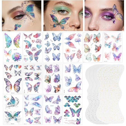 Yosca Glitter Butterfly Temporary Tattoos, 14Pcs with Gold Silver Freckles