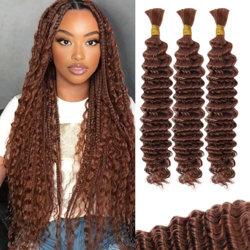 12A #30 Auburn Brown Human Braiding Hair for Boho Braids 3 Bundles 18 Inch 100g Deep Wave Braiding Hair for Bohemian Knotless Braids 100% Unprocessed Virgin Bulk Hair Extensions No Weft