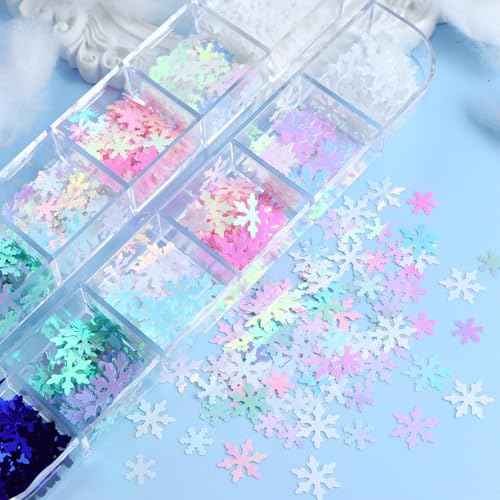 12 Grids Christmas Nail Art Glitter Sequins 3D Holographic Winter Snowflake Nail Art Glitter Flakes White Blue Pink Green Snowflake Designs Xmas Nail Decorations for Acrylic Nails Supplies