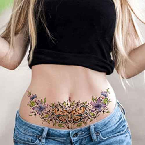POSTA 6 Sheets Chest Large Temporary Tattoo for Women, Abdomen Waist Back Fake Tattoos for Adults, Realistic Moth Flowers Tattoo Stickers, Body Scar Cover Belly Tattoos