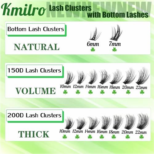 Kmilro Lash Clusters with Bottom Lashes Cluster Eyelash Extensions Wispy 10-22mm Volume Individual Lashes with Lower Eyelash Clusters 316pcs 150D+200D Thick False Lashes DIY at Home
