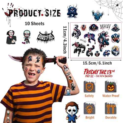 Halloween Temporary Tattoos,10 Sheets Halloween Tattoo Stickers,5 Different Halloween Themes for Boys and Girls, Halloween Gifts Party Supplies Favors Holiday Decorations