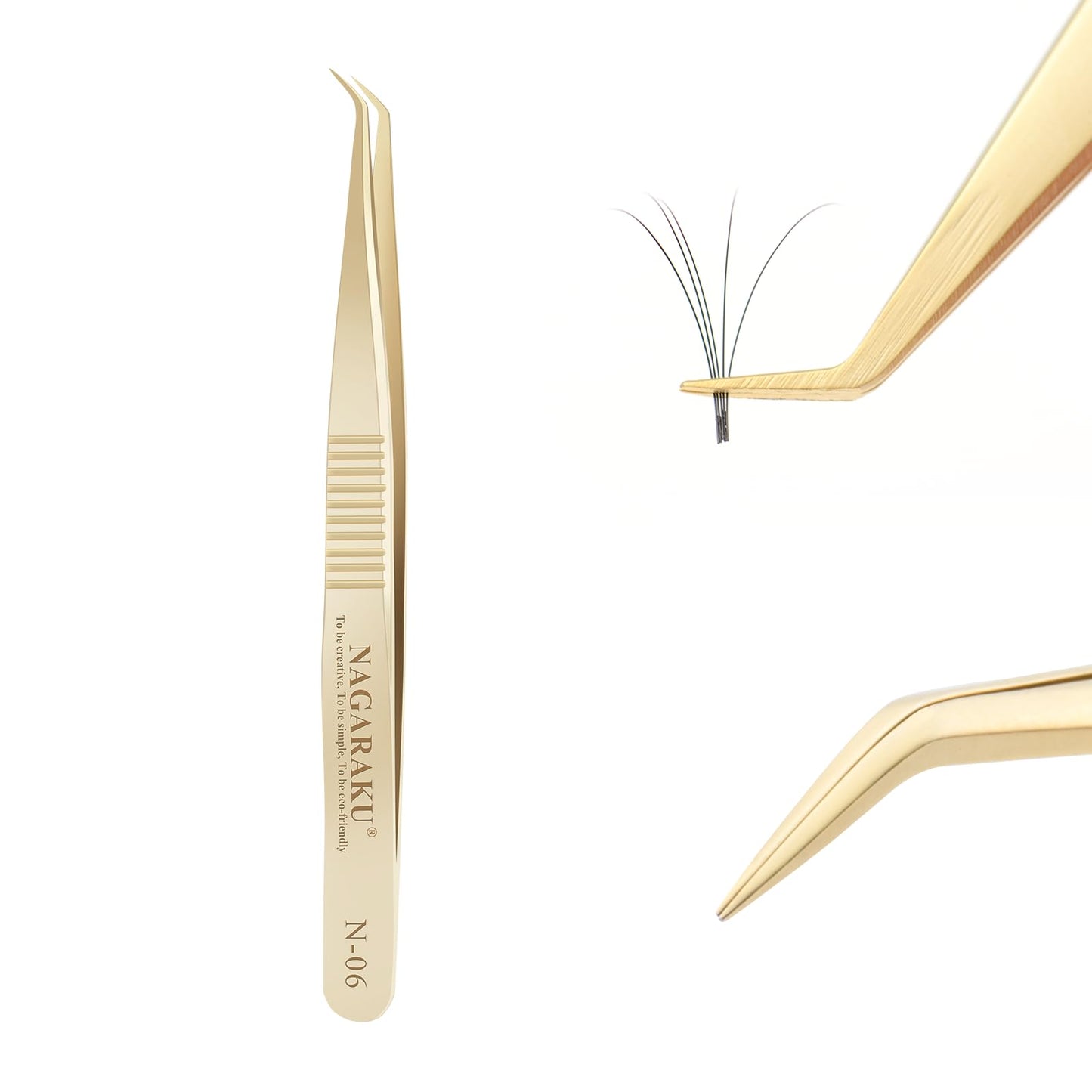 NAGARAKU Gold Tweezers for Eyelash Extensions Curved Angled Volume Cluster Super Light Weight Easy Fanning Tweezers Stainless Steel Precision (N-06)