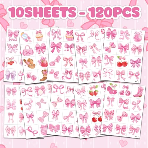 120 PCS Pink Bow Temporary Tattoos - Party Favors & Stickers