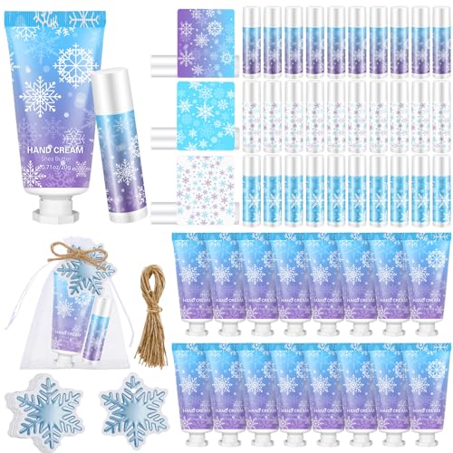 50 Set Christmas Winter Snowflake Hand Cream Lip Balm Bulk Set Woman Christmas Gift Include 50 Lip Balm 50 Hand Cream 50 Bag 50 Tag for Winter Xmas Stocking Stuffers