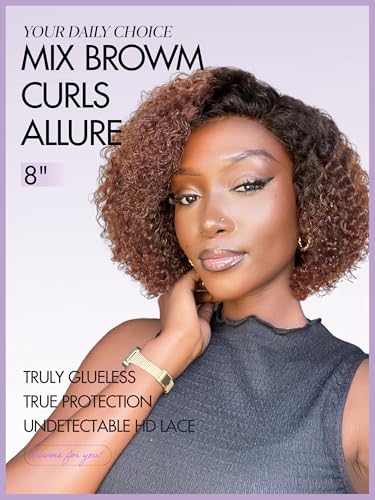 LUVME HAIR 8 Inch Ombre Brown Kinky Curly Bob Wig - Glueless HD Lace