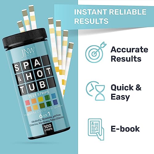 Hot Tub and Pool Test Strips - 6in1 Quick & Accurate Hot Tub, Spa, Pool Test Strips - 100 Water Test Strips, Water Test Kit with E-Book - Test Chlorine, Bromine, pH, Hardness, Alkalinity - JNW Direct