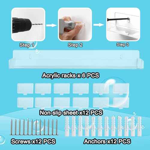 6 Pack Nail Polish Rack, Wall Mounted Organizer Shelf With Removable Anti-slip End Inserts, Clear Acrylic Display Holder for 90 Bottles