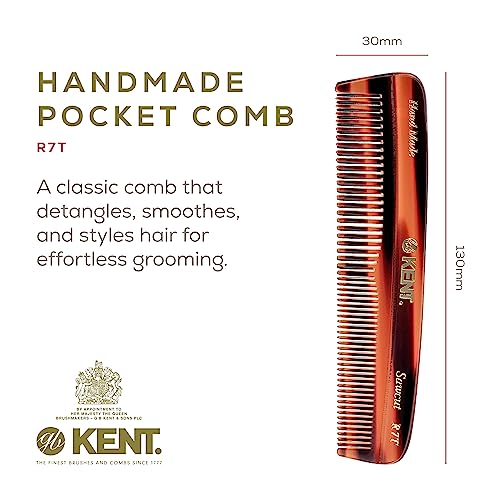 Kent R7T Double Tooth Hair Pocket Comb, Small Coarse/Wide Comb for Hair, Beard, and Mustache Grooming for Men, Women, and Kids - Saw Cut, Hand Polished, Handmade in England