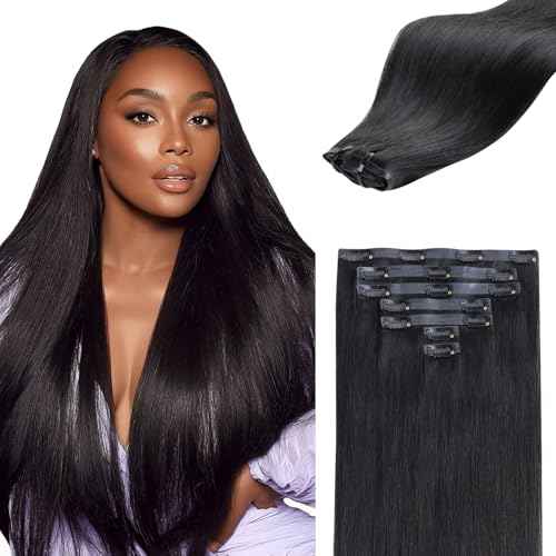 IDN BEAUTY Seamless Clip In Hair Extensions Human Hair, Straight 14 Inch 110g 7pcs Natural Black Real Virgin Human Hair Seamless Clip Ins For Black Women PU Weft Invisible Edge