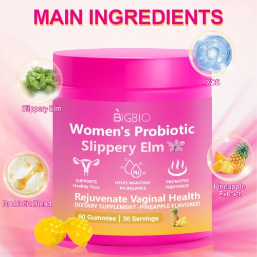 Feminine Probiotics Gummies with Slippery Elm - 400mg Probiotic Blend for pH Balance, Odor & Yeast Support, Sugar-Free Pineapple 60 Count