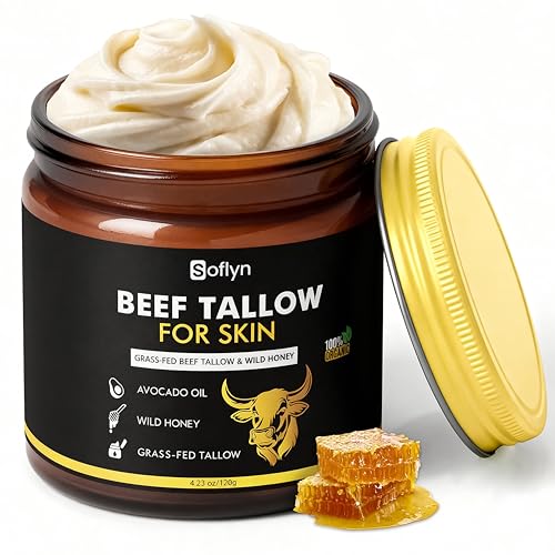 Beef Tallow for Skin - 100% Grass-Fed Beef Tallow and Honey Balm - Whipped Tallow Balm for Face, Lips & Body - Natural Moisturizer Face Cream for Dry, Sensitive & Mature Skin - 4.2oz 120g Jar